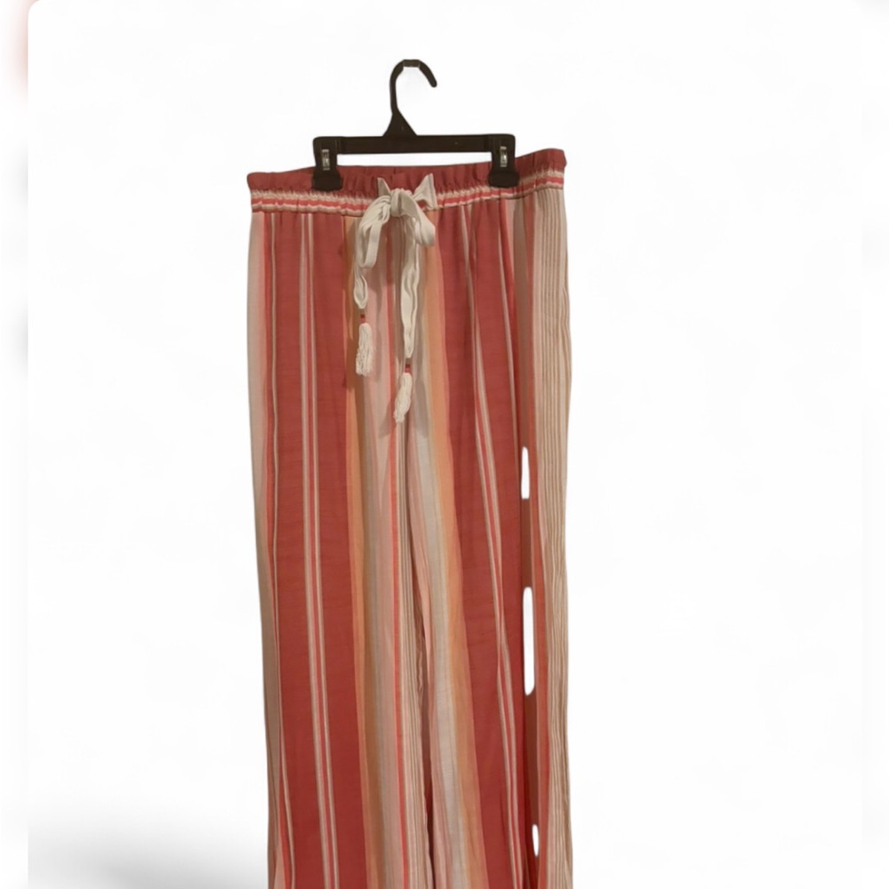 New Directions sz Medium coral pink white Palazzo pants wide leg elastic waist - Picture 10 of 11